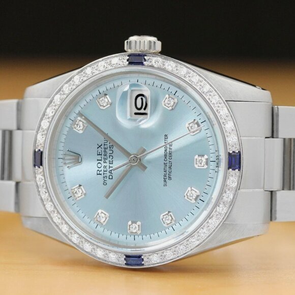 MENS ROLEX DATEJUST BLUE 18K GOLD SAPPHIRES WATCH - Picture 2 of 7